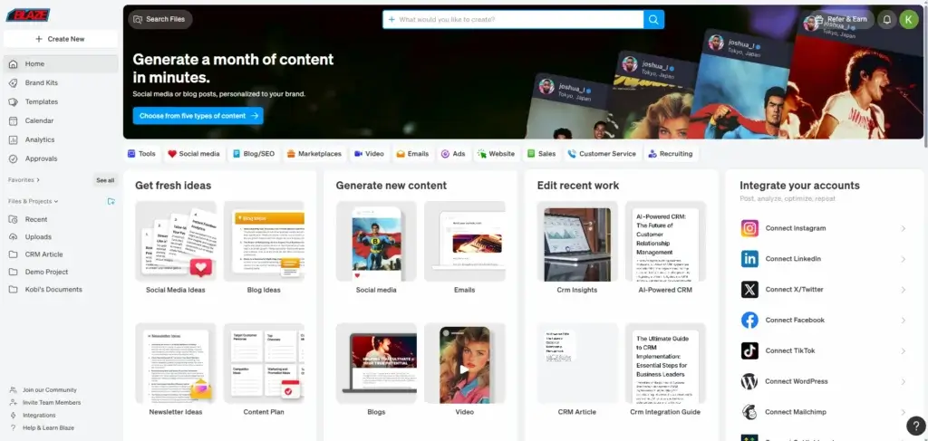 Blaze AI main interface with content ideas and integration options