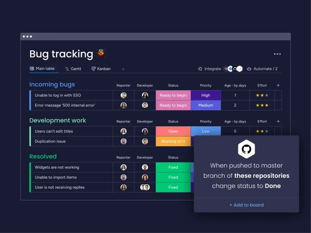 monday Dev bug tracking board integrated with GitHub updates