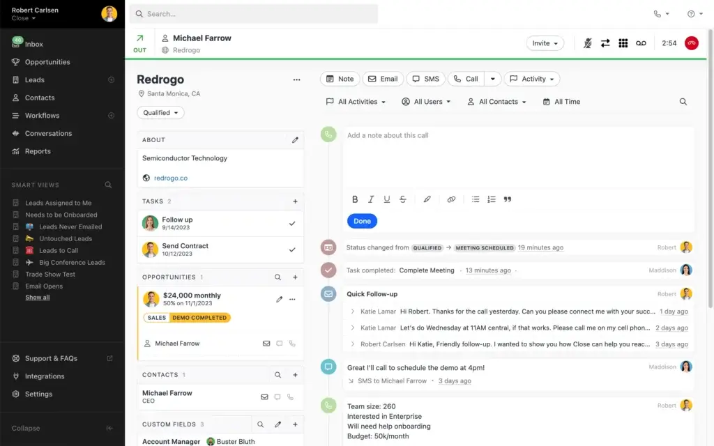Close CRM lead view with call notes, email, SMS, and pipeline status