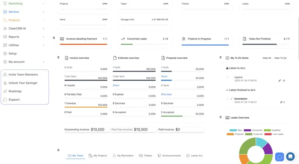 ClearCRM performance dashboard analytics