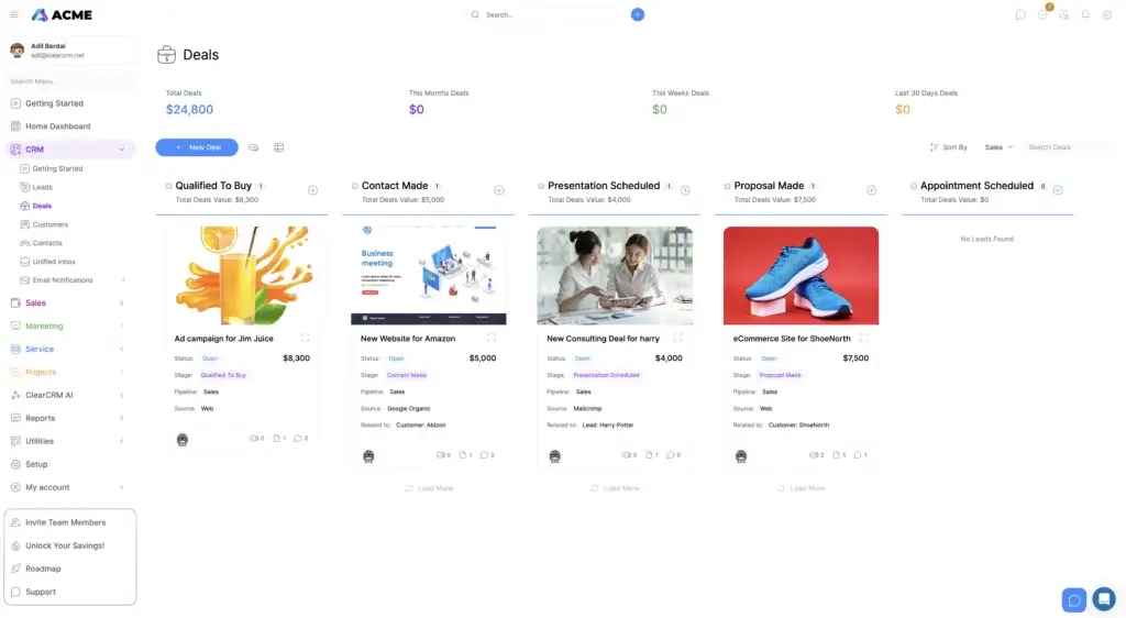 ClearCRM deals pipeline dashboard view