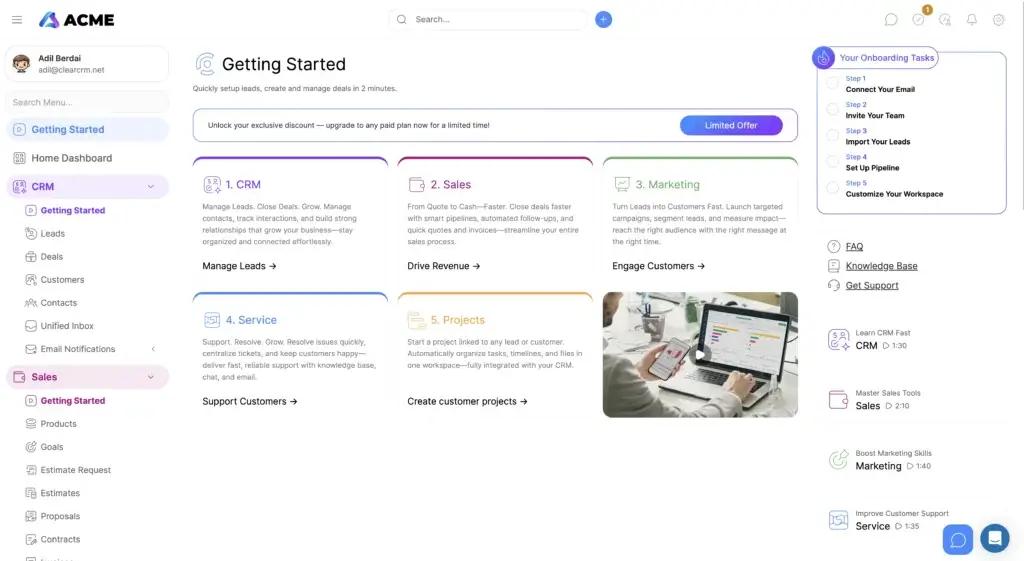 ClearCRM onboarding and setup interface