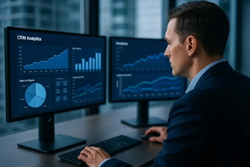 Manager analyzing CRM analytics and performance trends