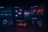 Futuristic 3D dashboards display analytics, automation flows, and campaign performance with neon highlights.
