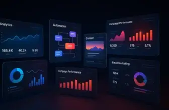 Futuristic 3D dashboards display analytics, automation flows, and campaign performance with neon highlights.