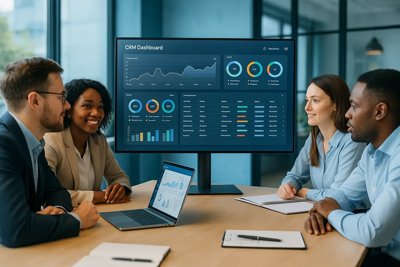 Sales team reviewing CRM performance dashboard together