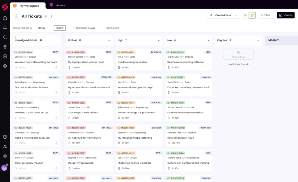 SuperOps PSA Kanban board for IT ticket management