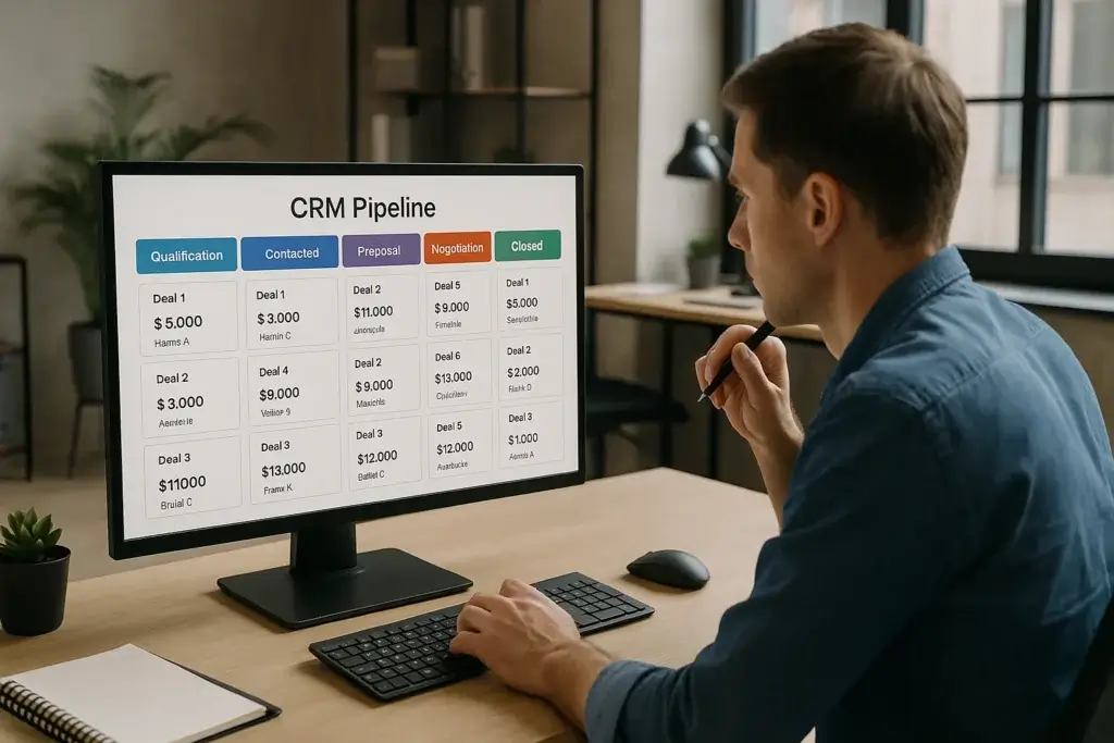 CRM pipeline stages visual on laptop screen
