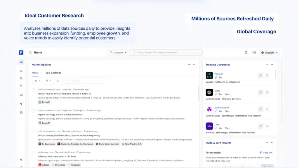 Pubrio dashboard showing market updates and trending companies for customer research