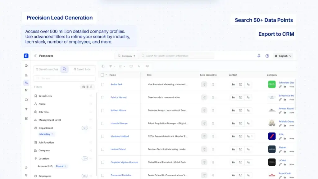 Pubrio platform interface filtering company profiles for precise lead generation