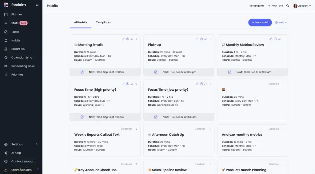 Reclaim AI habits dashboard with automated scheduling templates