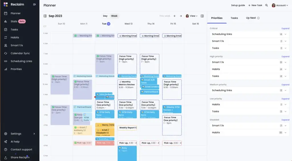 Reclaim AI smart calendar planner with tasks and focus blocks