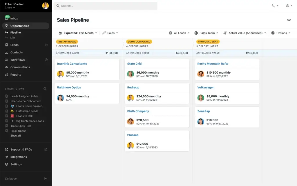 Close CRM visual pipeline with drag-and-drop deal stages