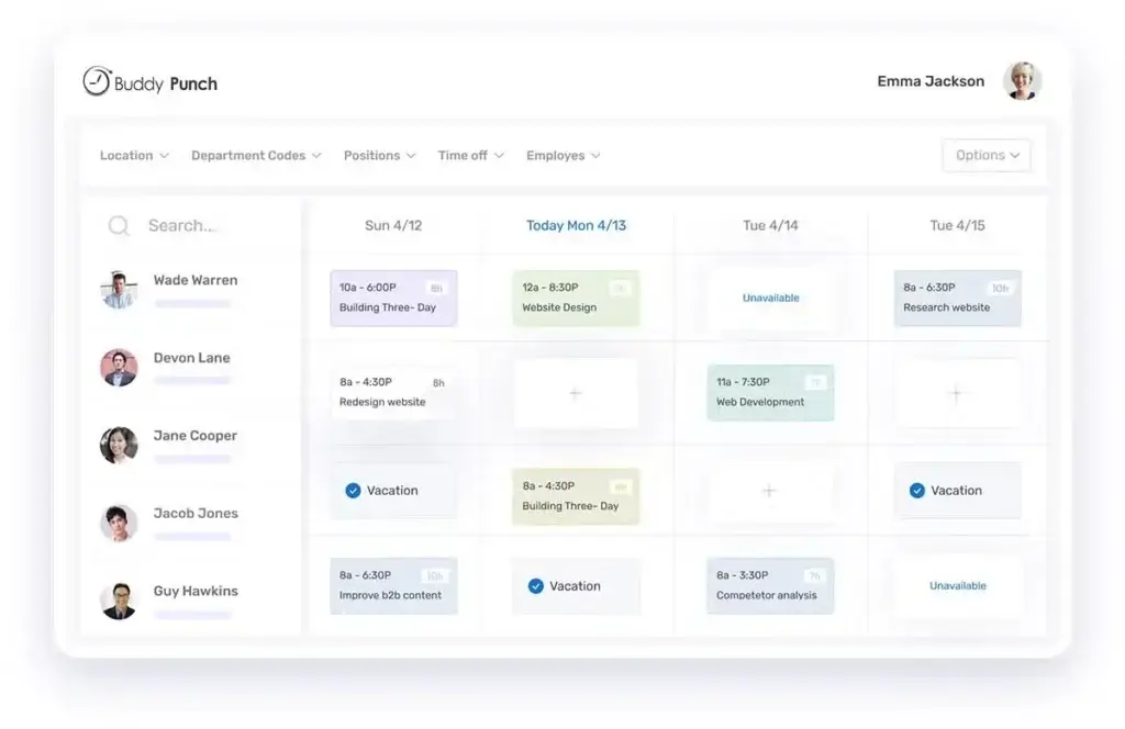 Buddy Punch scheduling dashboard with employee shifts and vacations