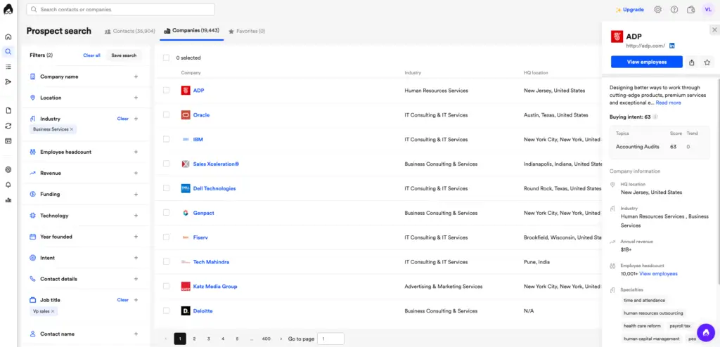 Lusha prospect search dashboard showing filtered company list