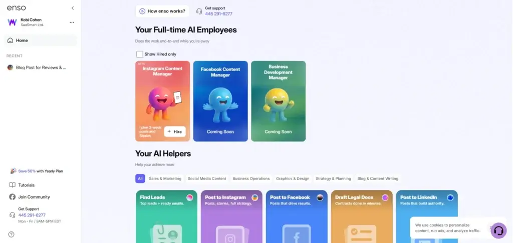 Enso dashboard showcasing AI employees and a list of AI helpers by category