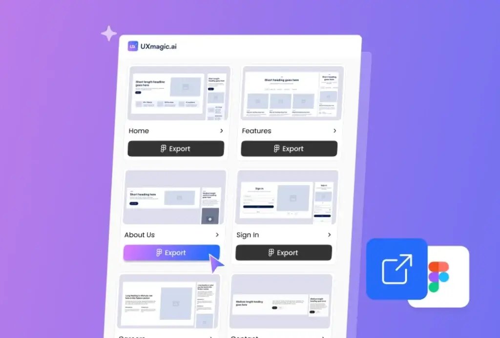 UXMagic.ai screenshot showing export-to-Figma flow