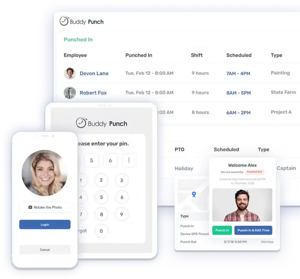 Buddy Punch login screen with facial recognition and PIN clock-in options