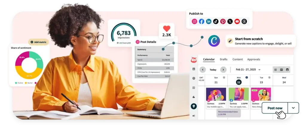 Marketer using Hootsuite dashboard for scheduling and analytics