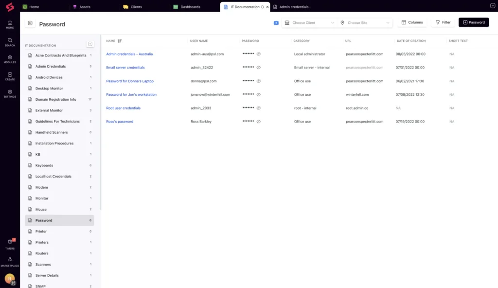 SuperOps IT documentation module displaying saved credentials