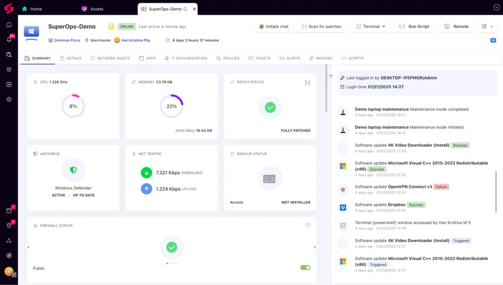 SuperOps RMM dashboard showing system health and patch status