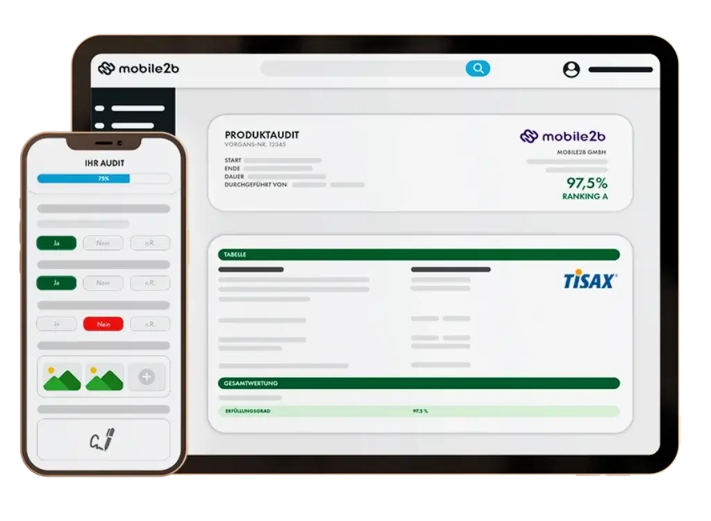 Mobile2b audit workflow interface on tablet and smartphone