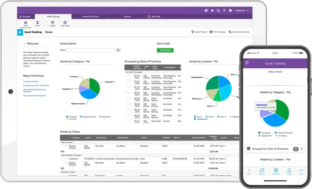 Quickbase asset tracking dashboard with pie charts and asset lists on tablet and mobile.