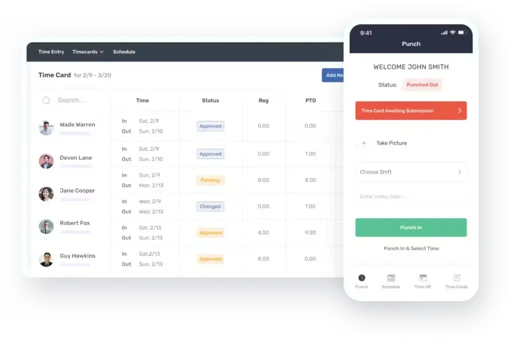 Buddy Punch timecard view and mobile app for employee clock-ins