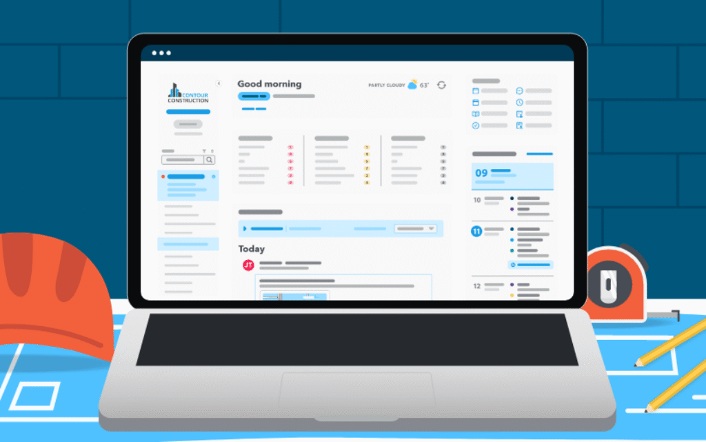 Buildertrend Construction management software interface on laptop with blueprints background