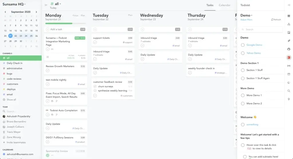 Sunsama integration dashboard connecting tasks across different channels