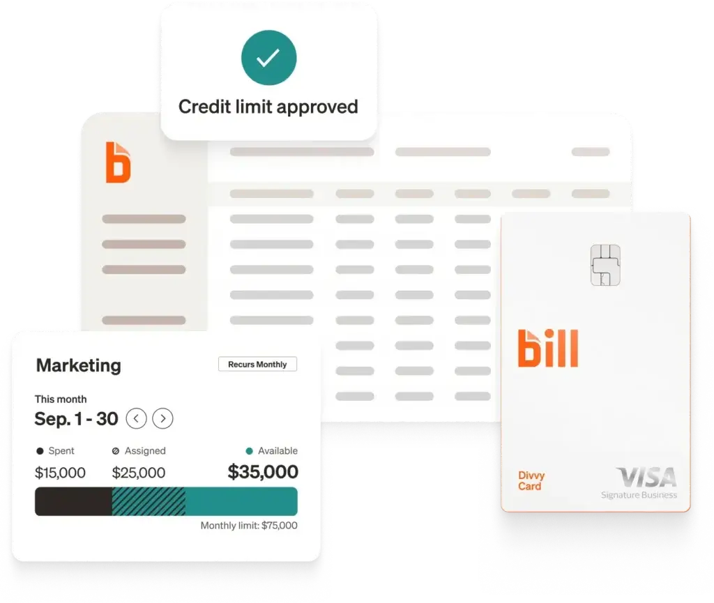Bill.com spend management dashboard showing budget controls, available credit, and virtual corporate card.