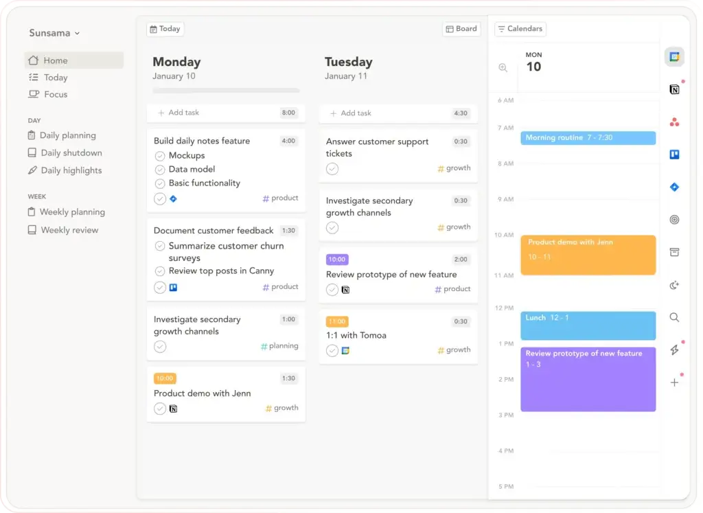 Sunsama daily planner dashboard showing tasks and calendar integration