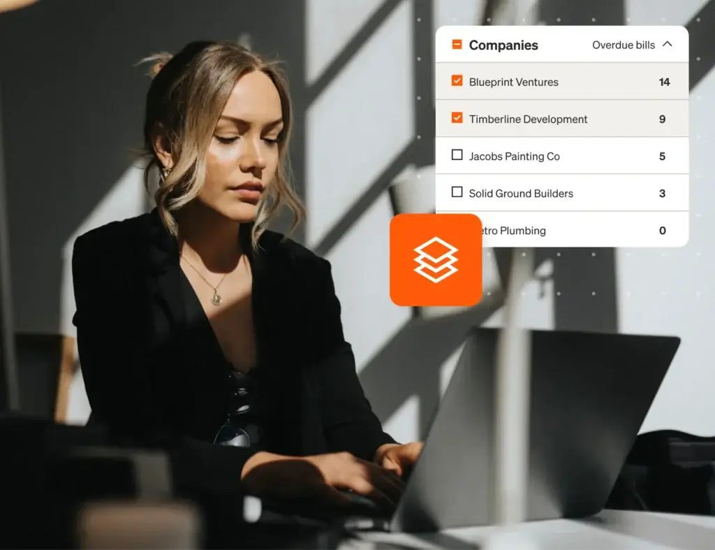 BILL interface showing multi-entity bill management and overdue payments tracking.