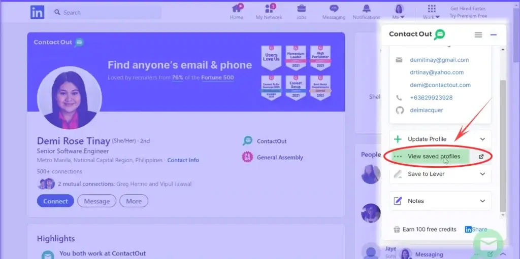 ContactOut sidebar on LinkedIn showing saved profiles and contact details