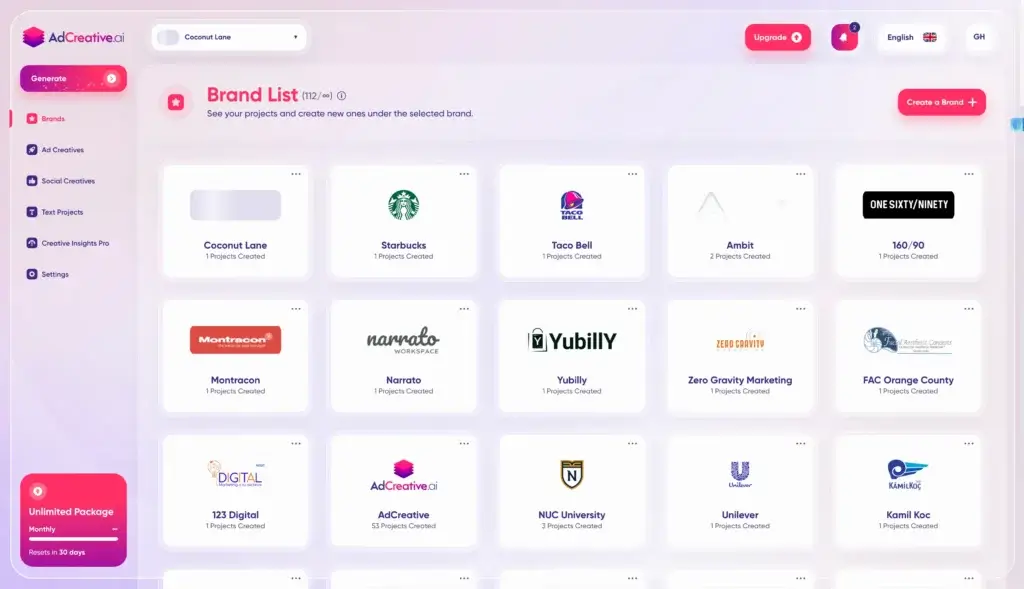 AdCreative.ai brand list showing multiple projects and clients