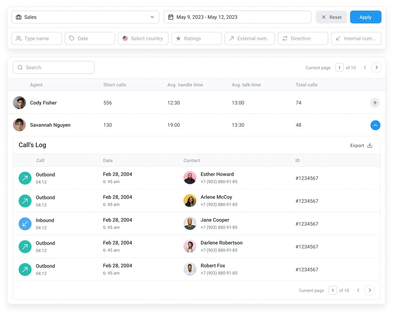 CloudTalk agent performance dashboard showing call logs and handling metrics