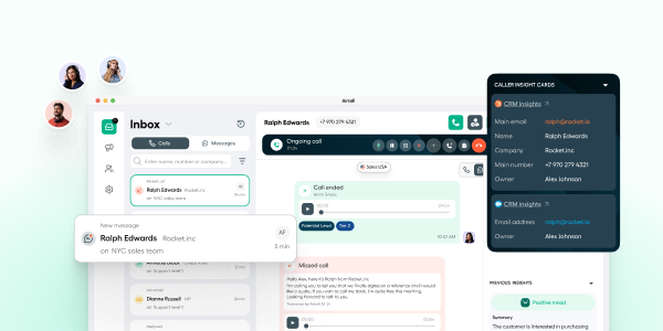 Aircall unified communication workspace showing inbox and caller details