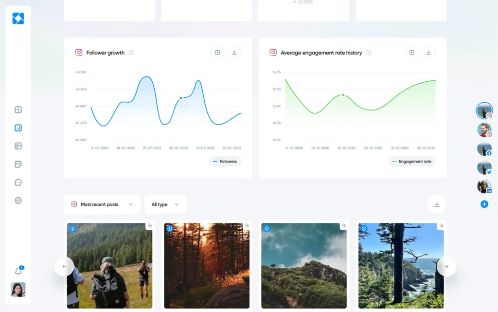 Iconosquare follower growth and engagement rate charts with visual graphs