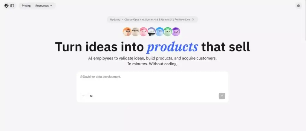 Atoms homepage showing an AI product builder interface for turning ideas into products