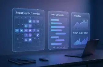 Best social media content management tools - AI assistant hologram generating social media posts on a futuristic digital interface with glowing icons and analytics in blue and purple tones.