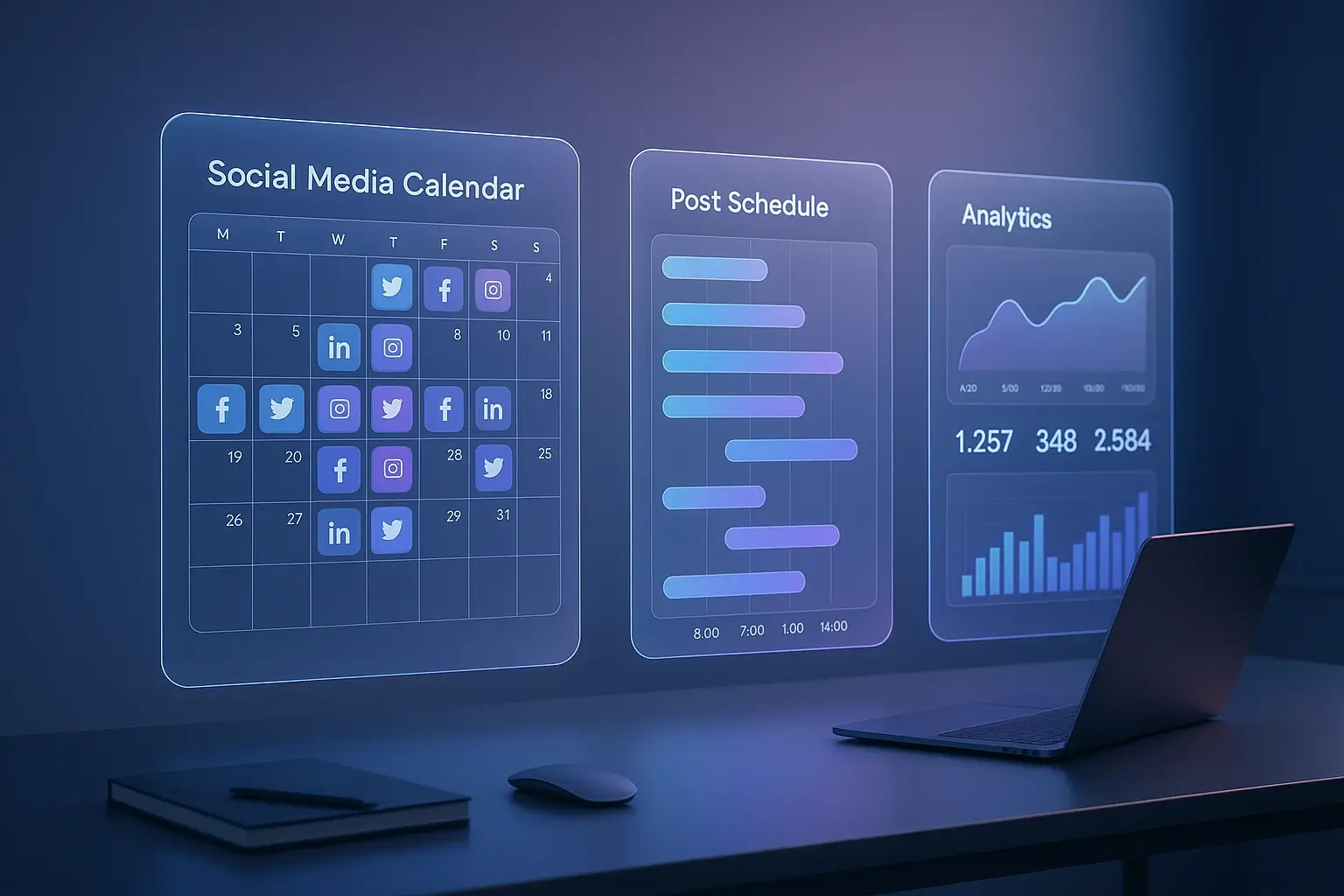 Best social media content management tools - AI assistant hologram generating social media posts on a futuristic digital interface with glowing icons and analytics in blue and purple tones.