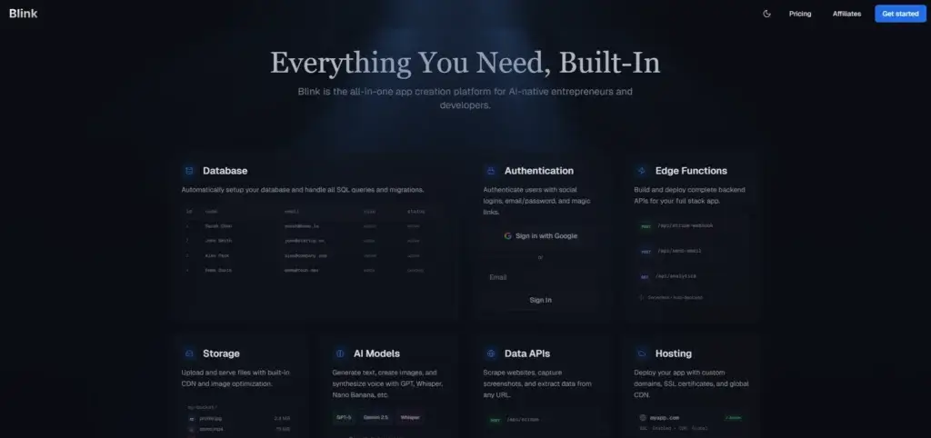 Blink dashboard showing built-in tools for database, authentication, APIs, and hosting.