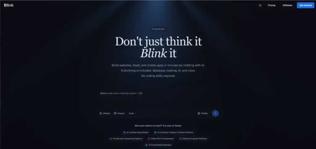 Blink homepage showcasing AI app builder for creating web and mobile apps.