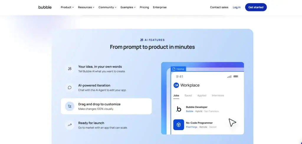 Bubble AI features page showing prompt-to-app creation, drag-and-drop editing, and AI-powered iteration tools.