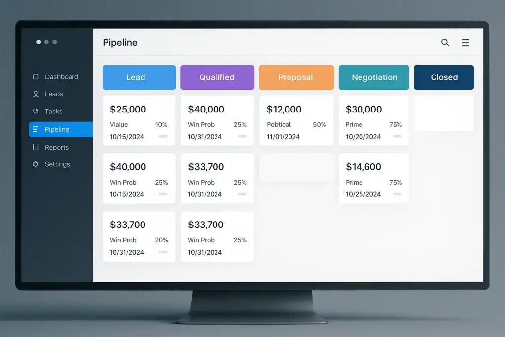 CRM pipeline showing deal stages and sales forecast probabilities