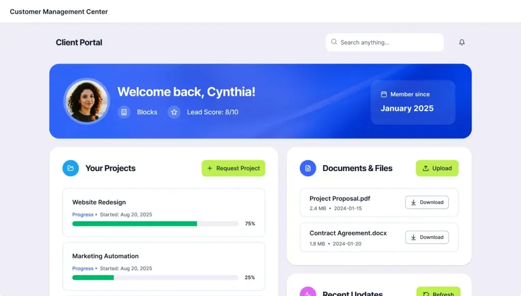 Example client portal app generated using Blocks AI workspace