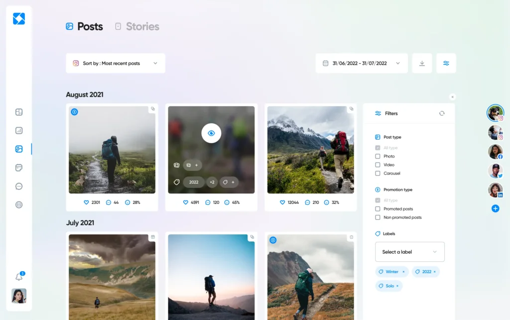 Iconosquare post management interface showing image previews and performance stats