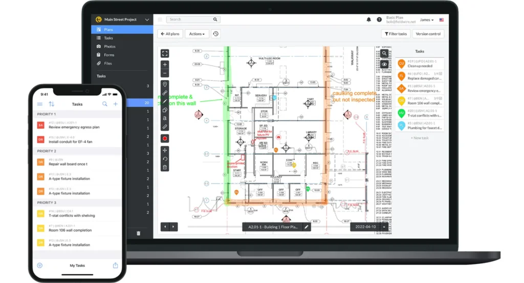 Fieldwire construction plan view with task list on desktop and mobile