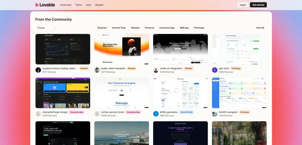 Lovable’s community showcase page featuring popular AI-generated app templates including dashboards, websites, and consumer tools, with remix counts and category tags.