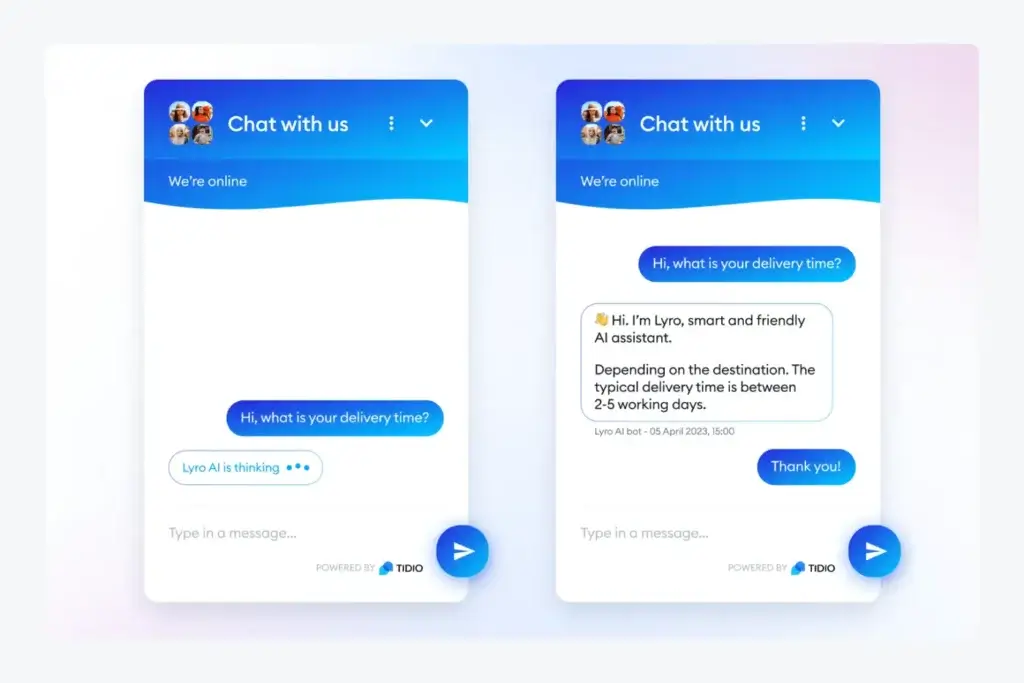 Lyro AI chatbot answering customer query in Tidio widget
